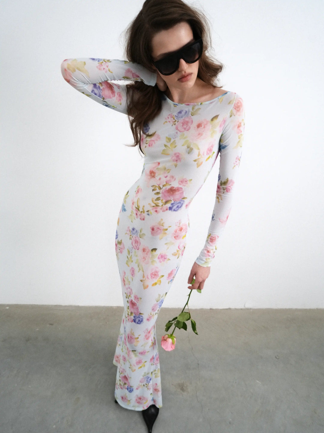 Monet maxi, blue mesh maxi dress with a floral print