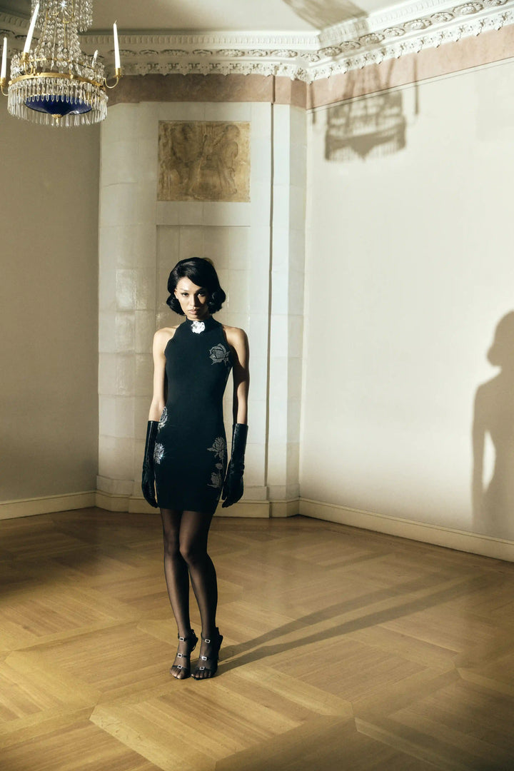 Viva mini, mini dress made of black viscose with rhinestones