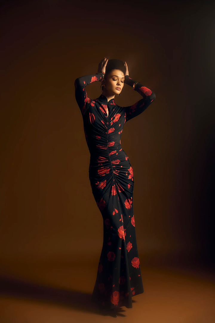 Madiya maxi, maxi dress in black biflex with a floral print