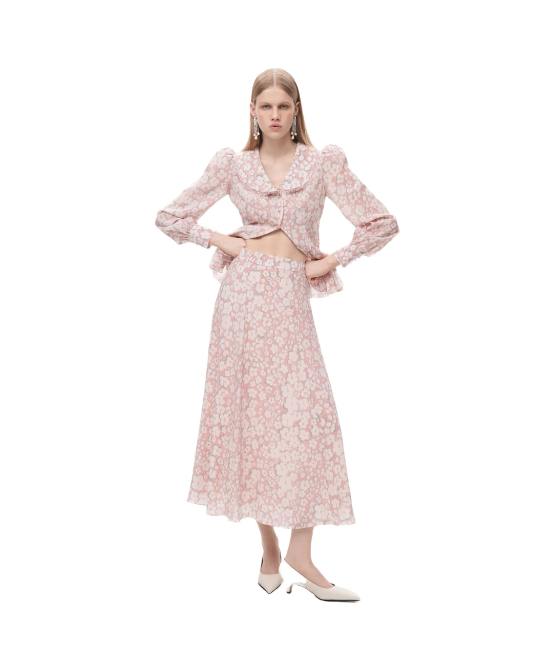 Olivia, pink crepe de chine midi skirt with medium milky flowers