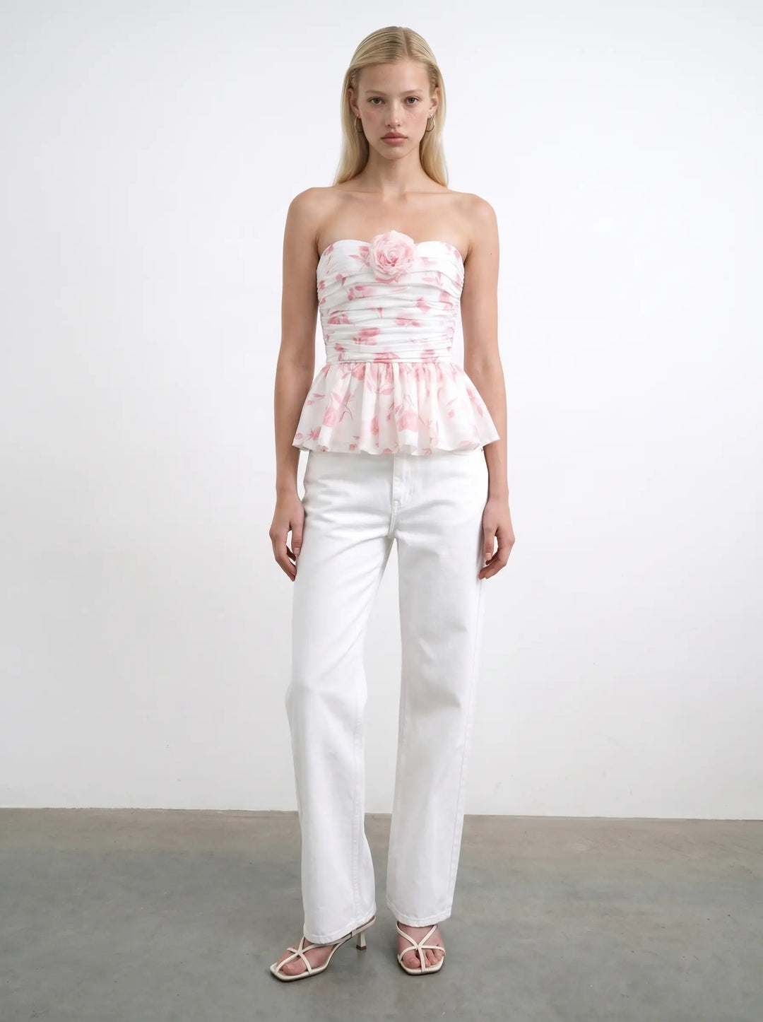 Rosalie, ivory chiffon corset top with medium light pink flowers