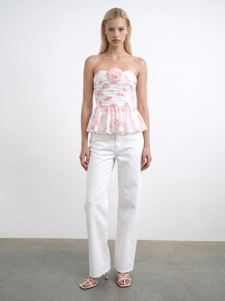 Rosalie, ivory chiffon corset top with medium light pink flowers