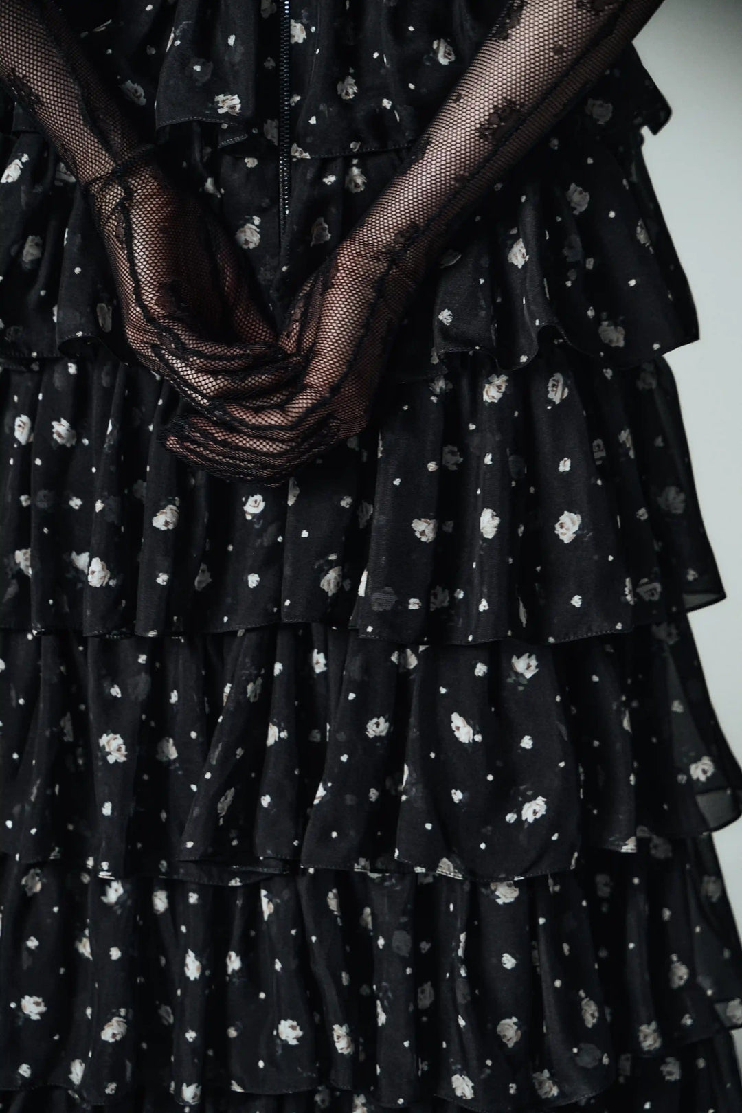 Lisen, corset midi dress made of black velvet and chiffon with small floral print