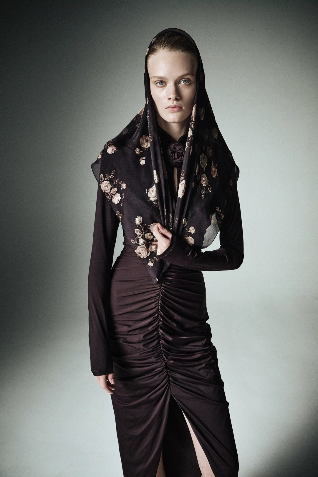 Ami, draped midi dress made of chocolate biflex
