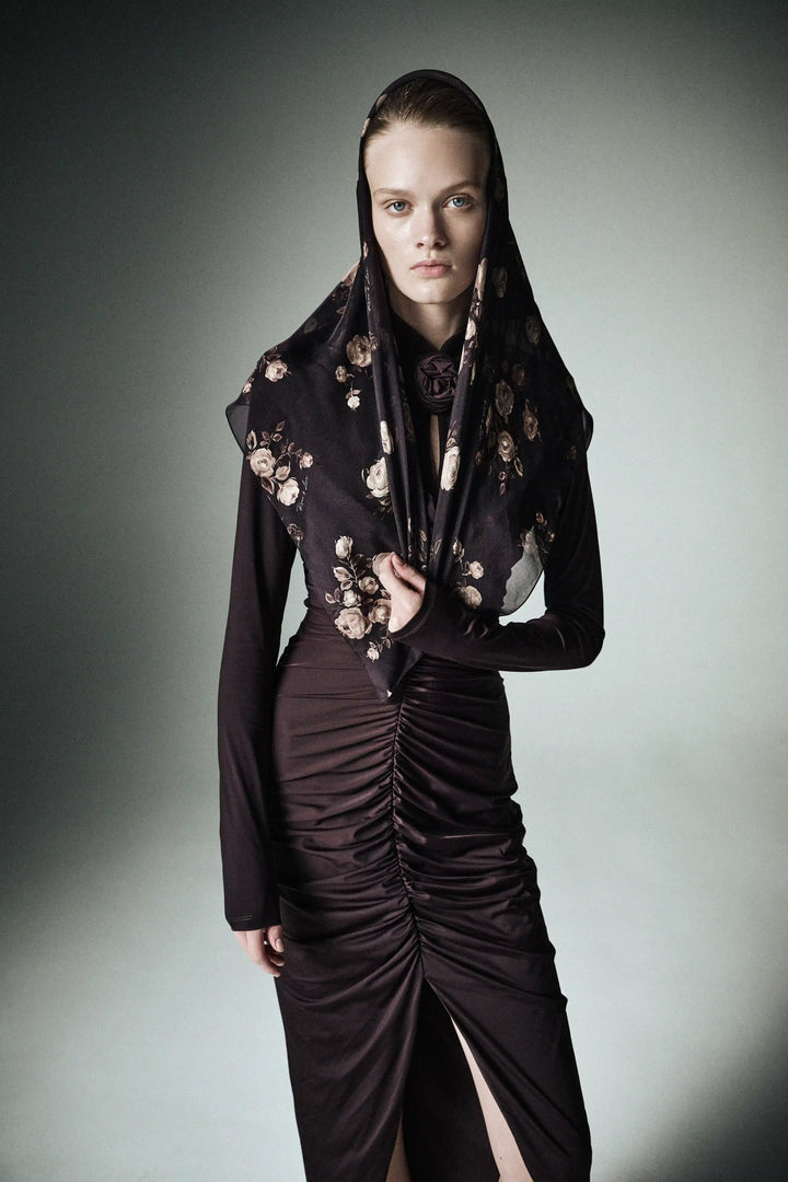 Ami, draped midi dress made of chocolate biflex