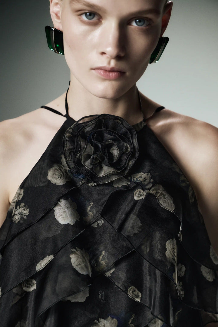 Dahlia, mini dress made of black organza with floral print