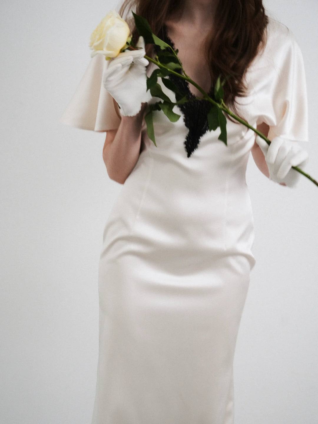 Odette midi, milky satin midi dress with black lace trim