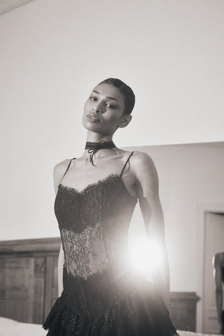 Andrea maxi, black lace maxi dress with statement ruffles