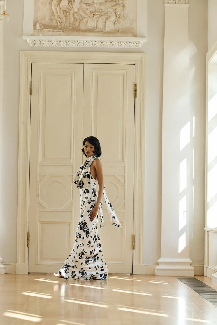 Alia maxi, maxi dress with  a choker made of ivory satin with floral print