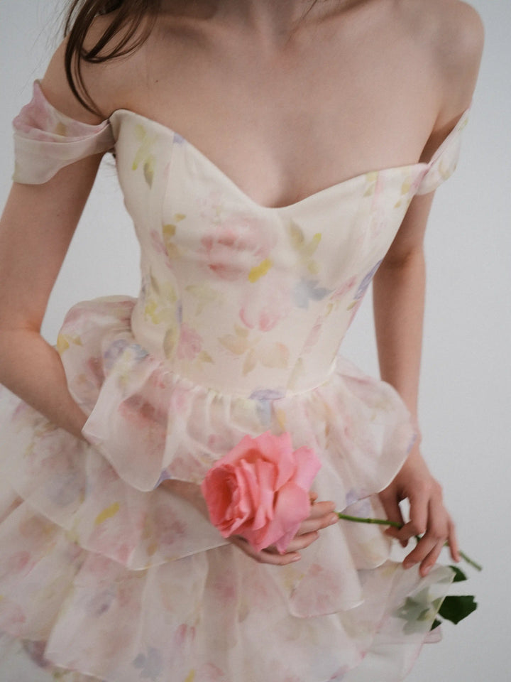 Lisen mini, milky organza corset mini dress with a floral print