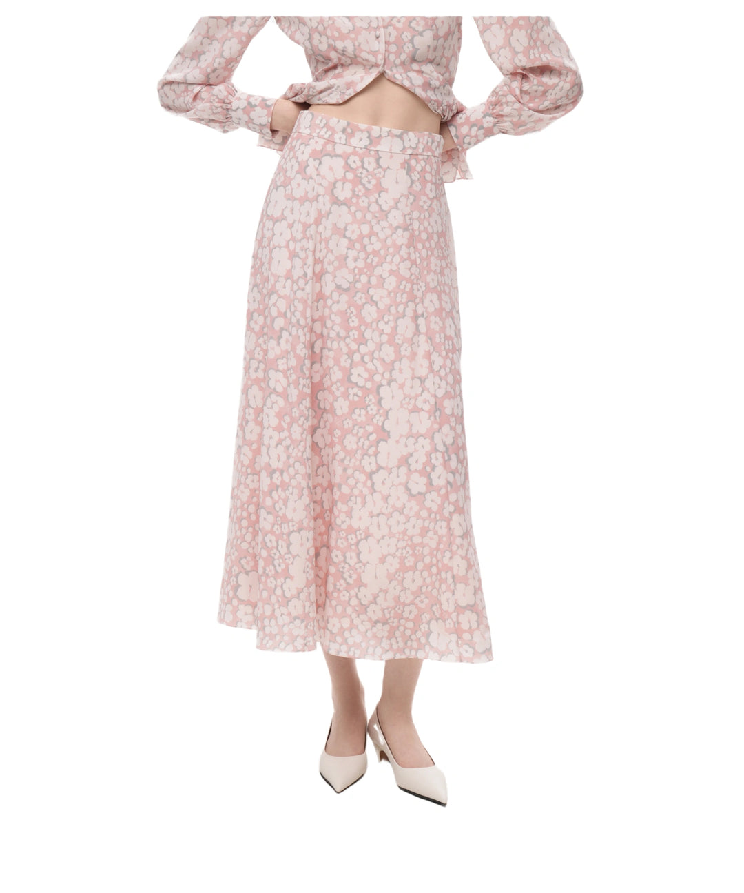 Olivia, pink crepe de chine midi skirt with medium milky flowers