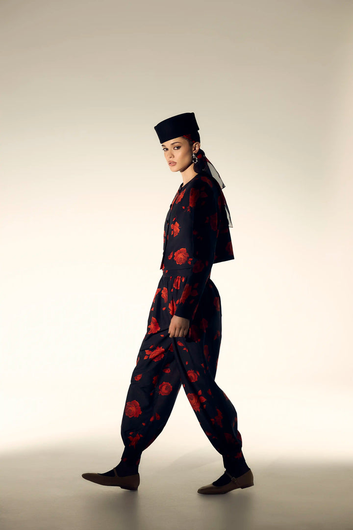 Evie, black batiste trousers with a floral print