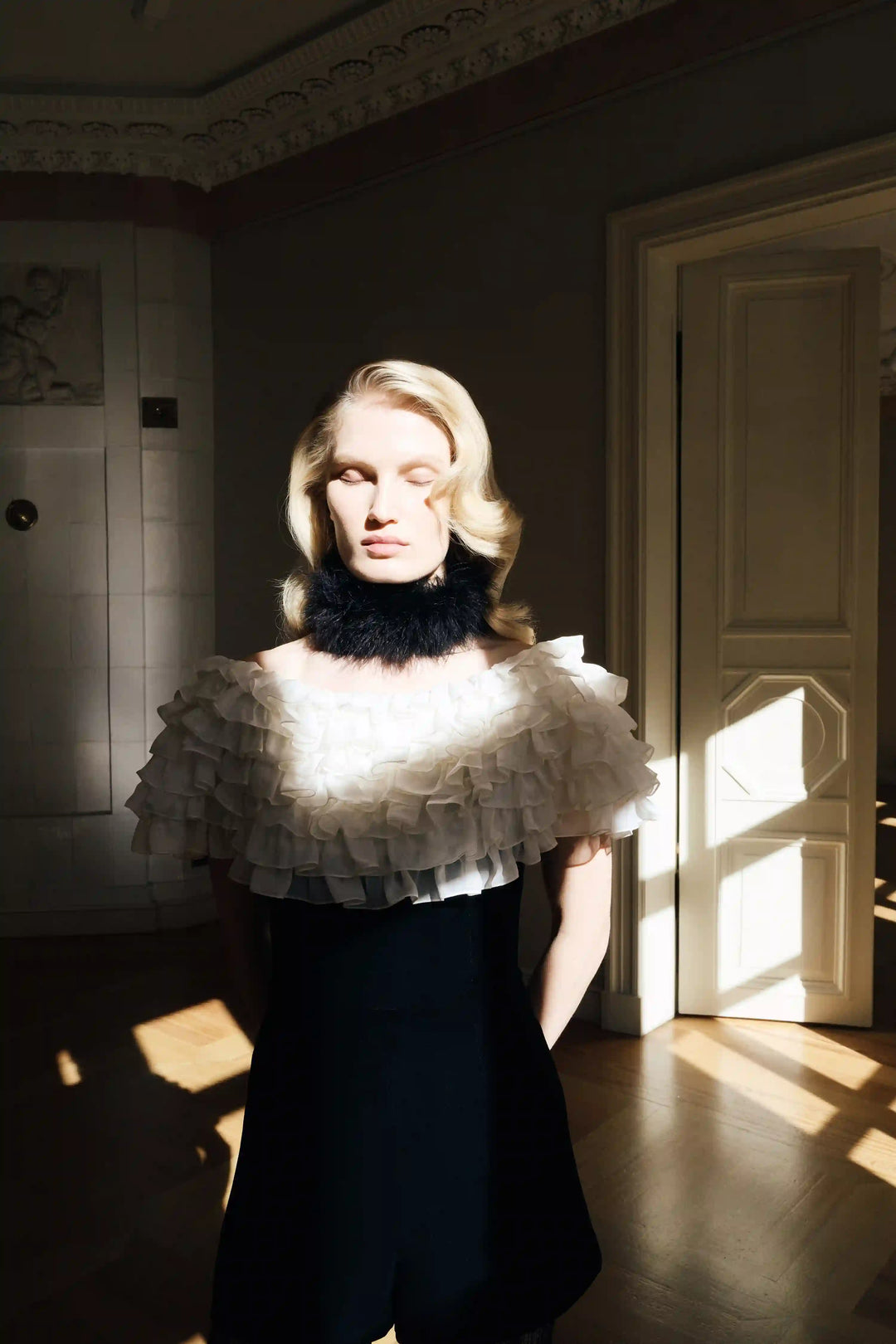 Abby, velvet jumpsuit with chiffon ruffles