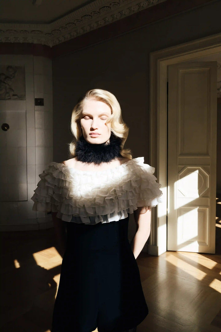 Abby, velvet jumpsuit with chiffon ruffles