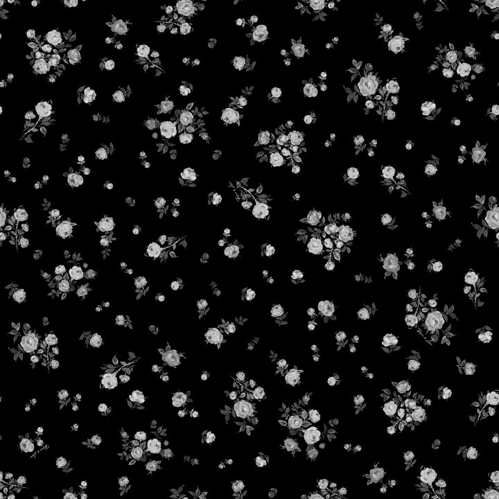 Anika maxi, maxi dress with long sleeves and a choker made of black satin with floral print