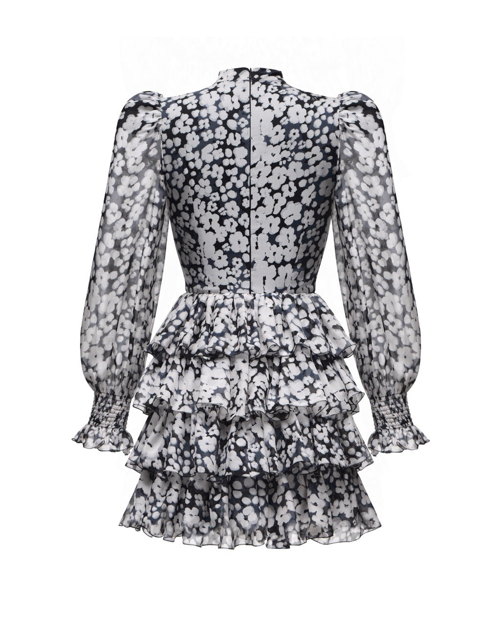 Valerie mini, mini dress black chiffon with medium ivory flowers