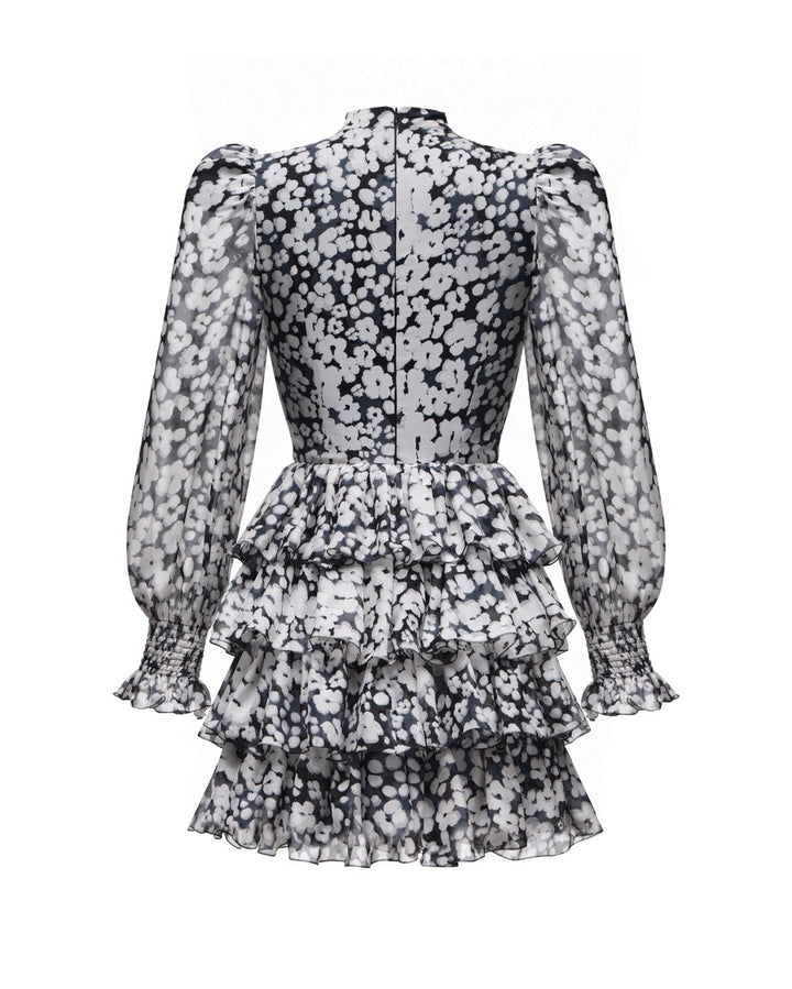Valerie mini, mini dress black chiffon with medium ivory flowers