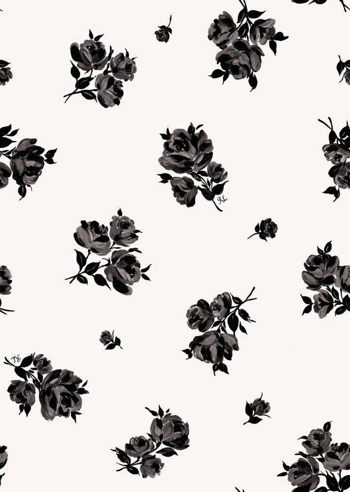 Mira, mini dress made of ivory chiffon with floral print and a rose