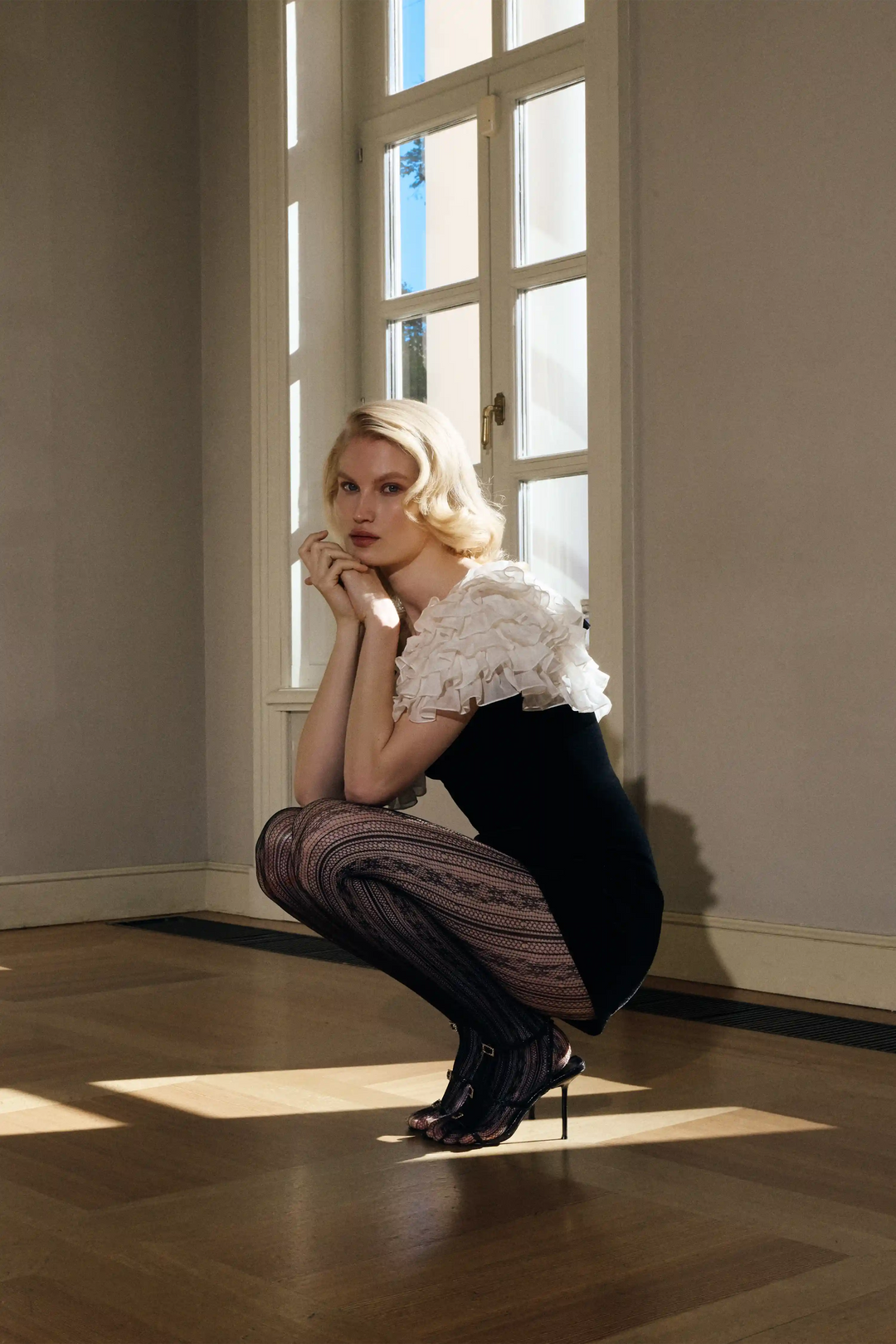 Abby, velvet jumpsuit with chiffon ruffles