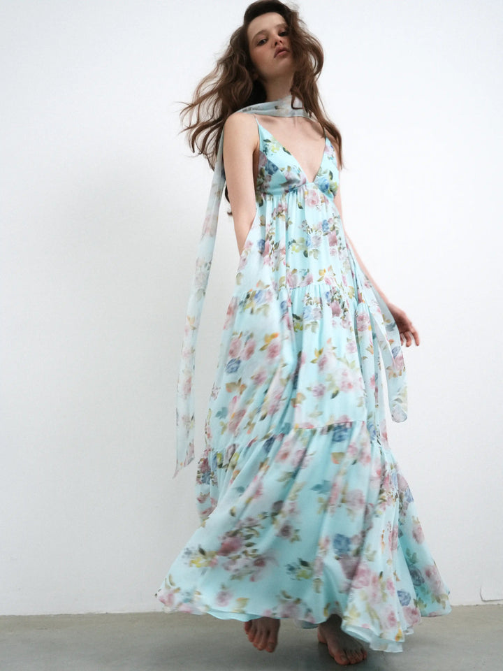 Fleur maxi, blue chiffon maxi dress with a floral print