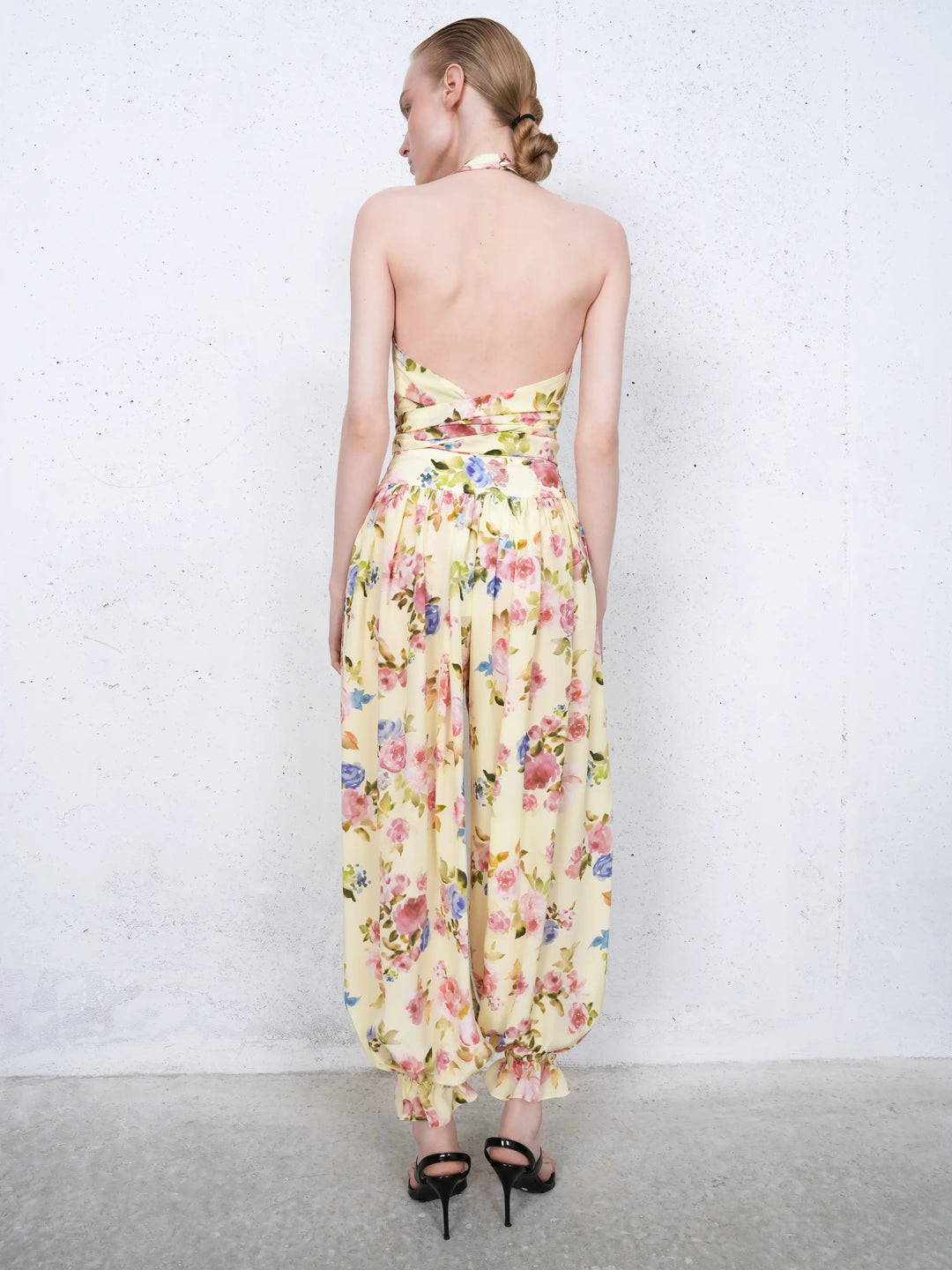 Esty top, top in pale yellow crepe de chine with a floral print