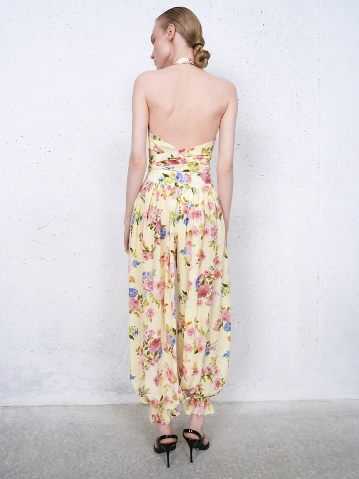 Esty top, top in pale yellow crepe de chine with a floral print