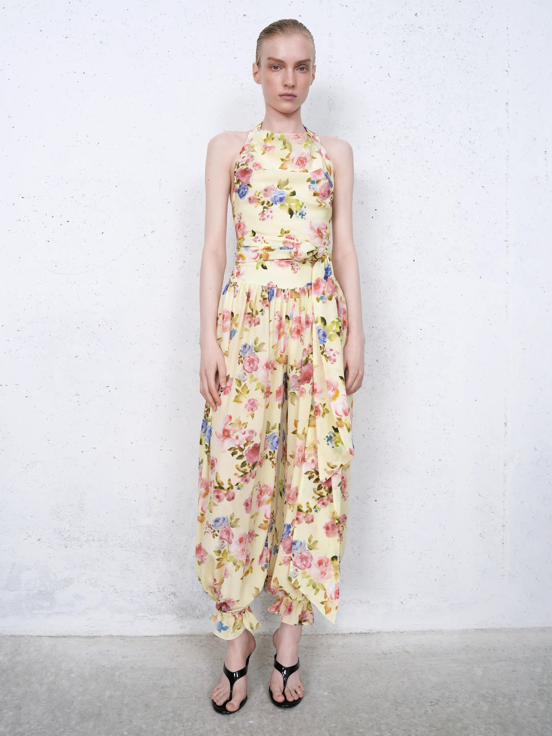 Esty top, top in pale yellow crepe de chine with a floral print