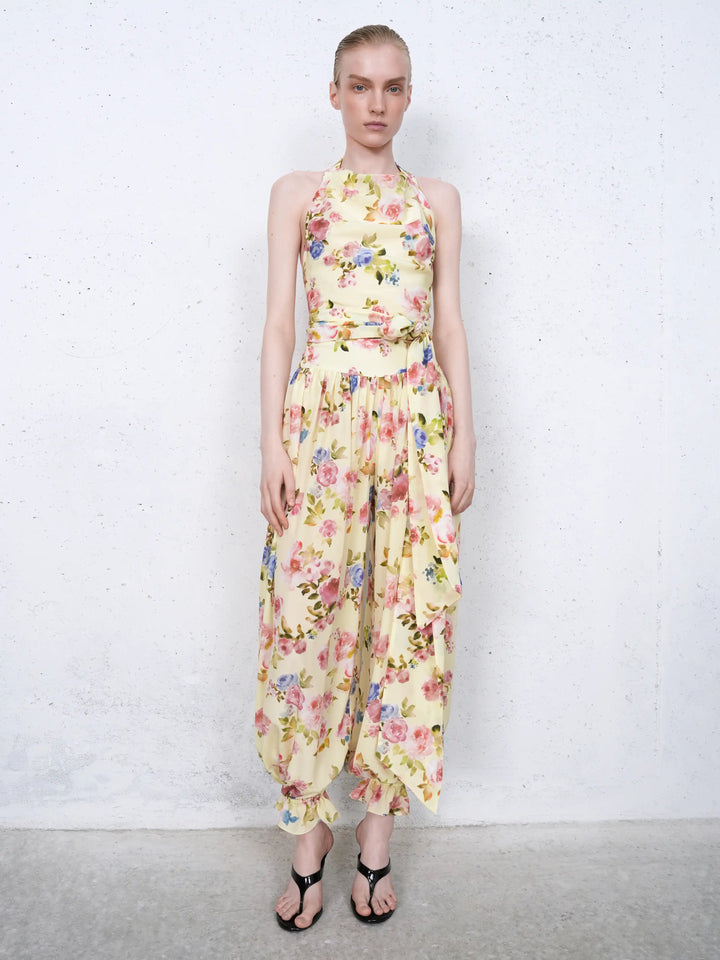 Esty top, top in pale yellow crepe de chine with a floral print