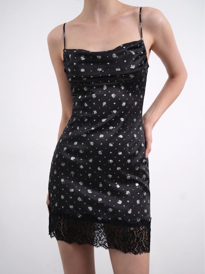 Cassidy mini, mini dress in black satin with a floral print