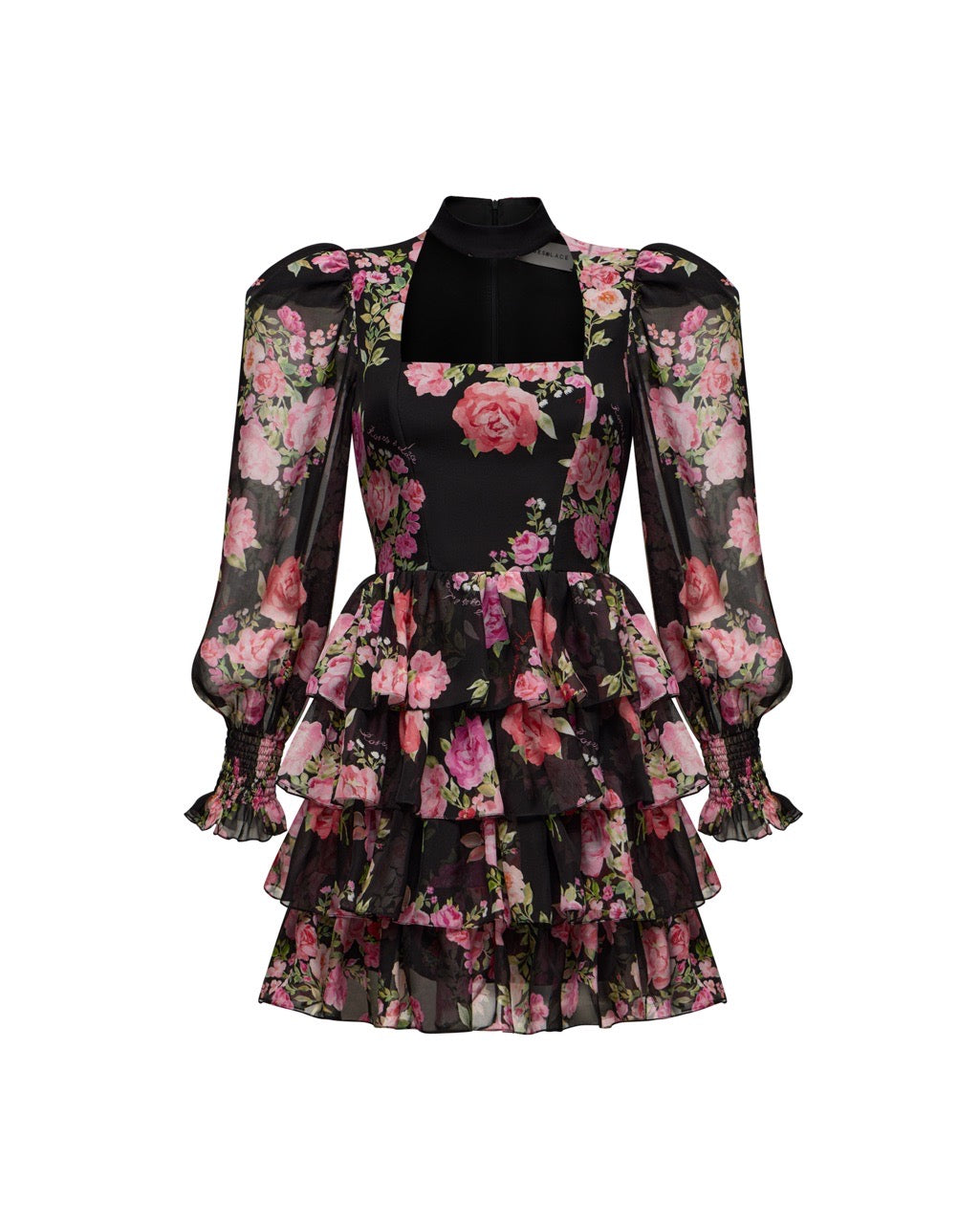 Valerie mini, chiffon mini dress with ruffles in black with medium pink flowers