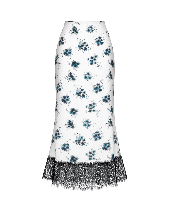 Kerelin midi, ivory crepe de chine midi skirt with medium floral print