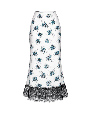Kerelin midi, ivory crepe de chine midi skirt with medium floral print
