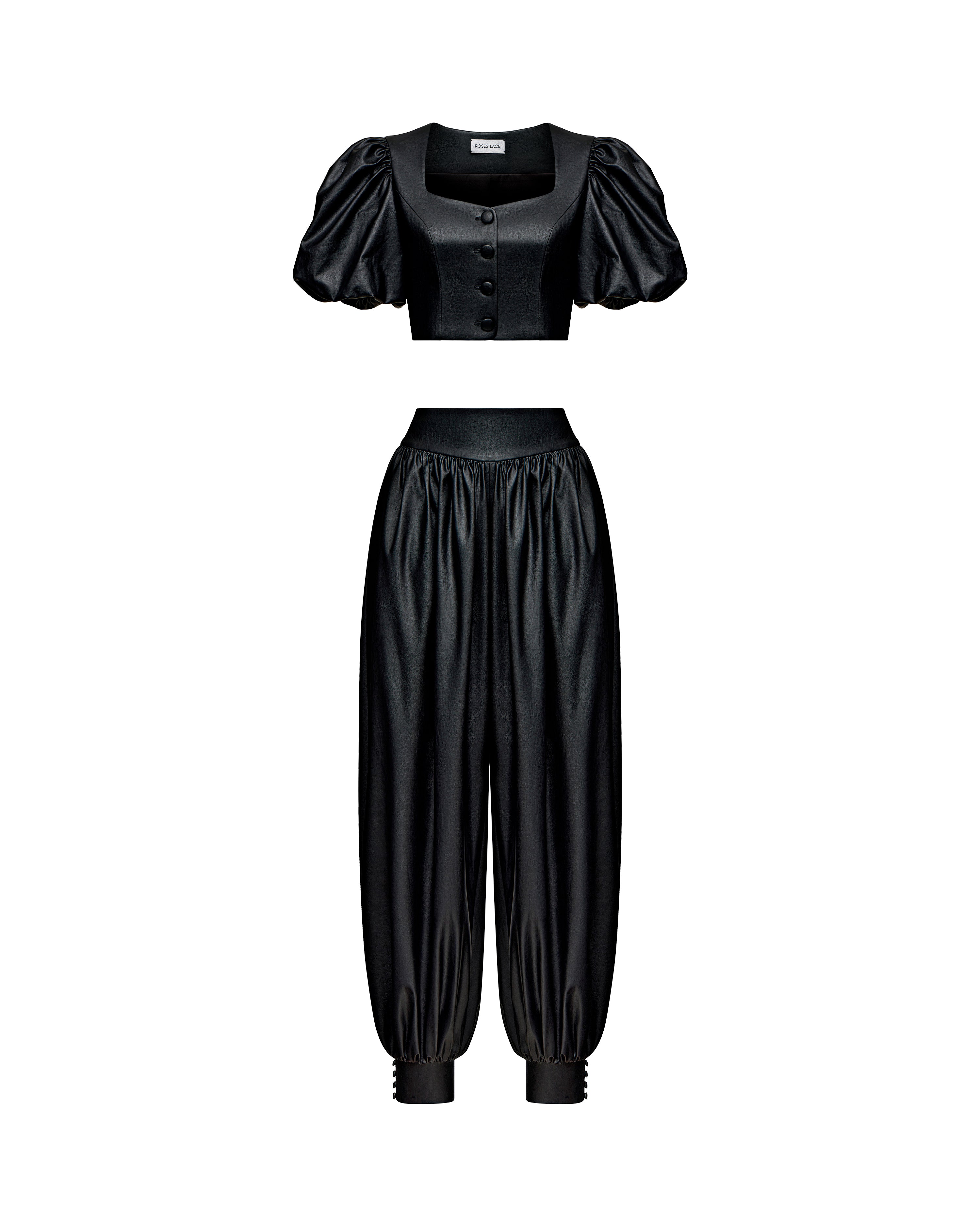 Chanelle-Evie, jacket and trousers made of black eco-leather