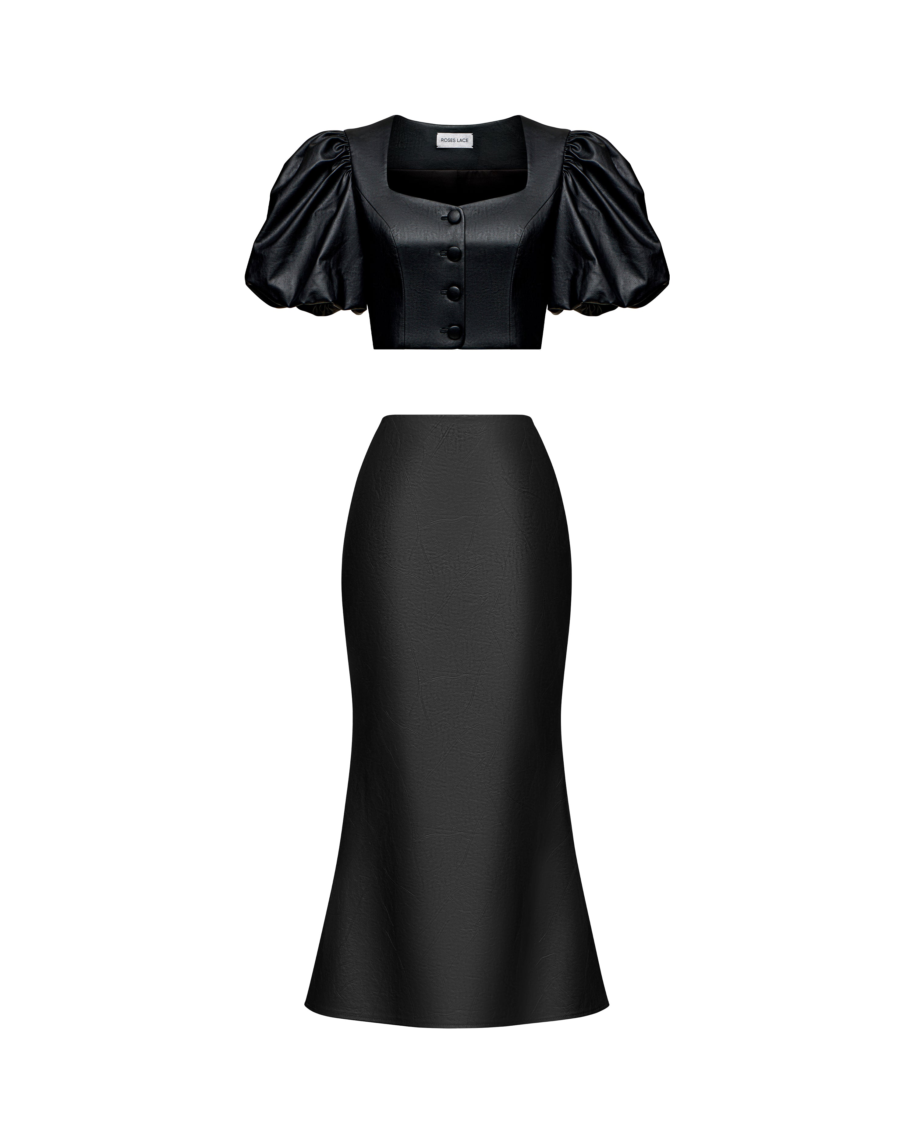 Chanelle-Kerelin, skirt and top made of black eco-leather