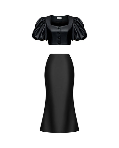 Chanelle-Kerelin, skirt and top made of black eco-leather