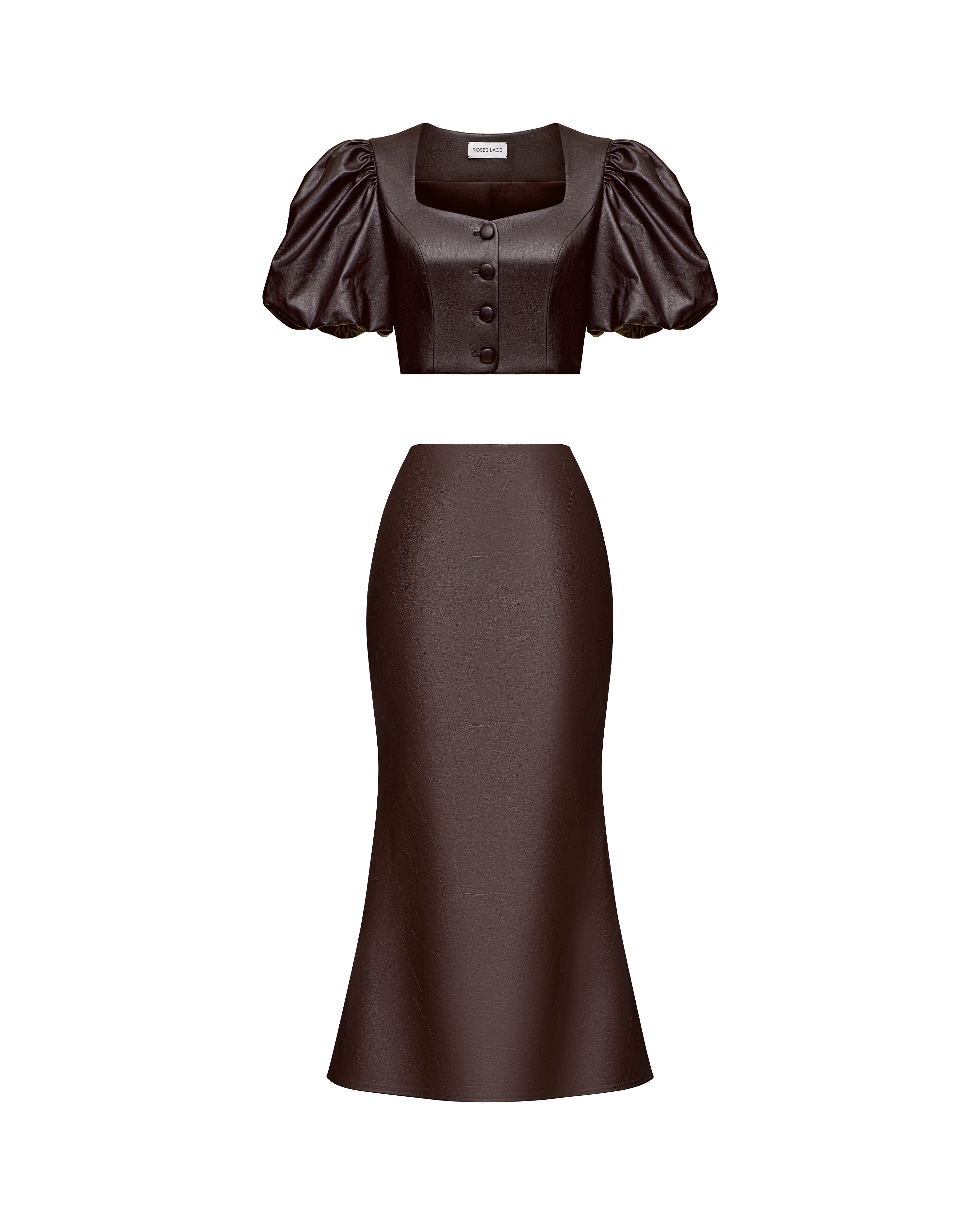 Chanelle-Kerelin, skirt and top made of chocolate eco-leather