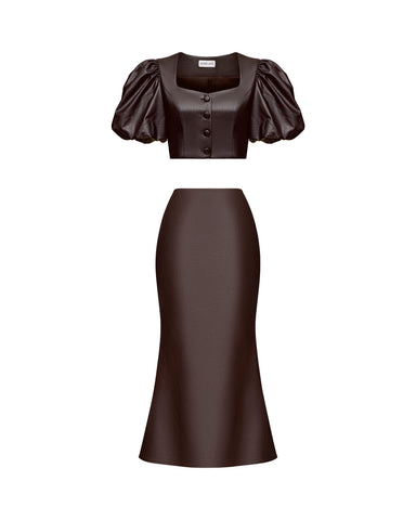 Chanelle-Kerelin, skirt and top made of chocolate eco-leather