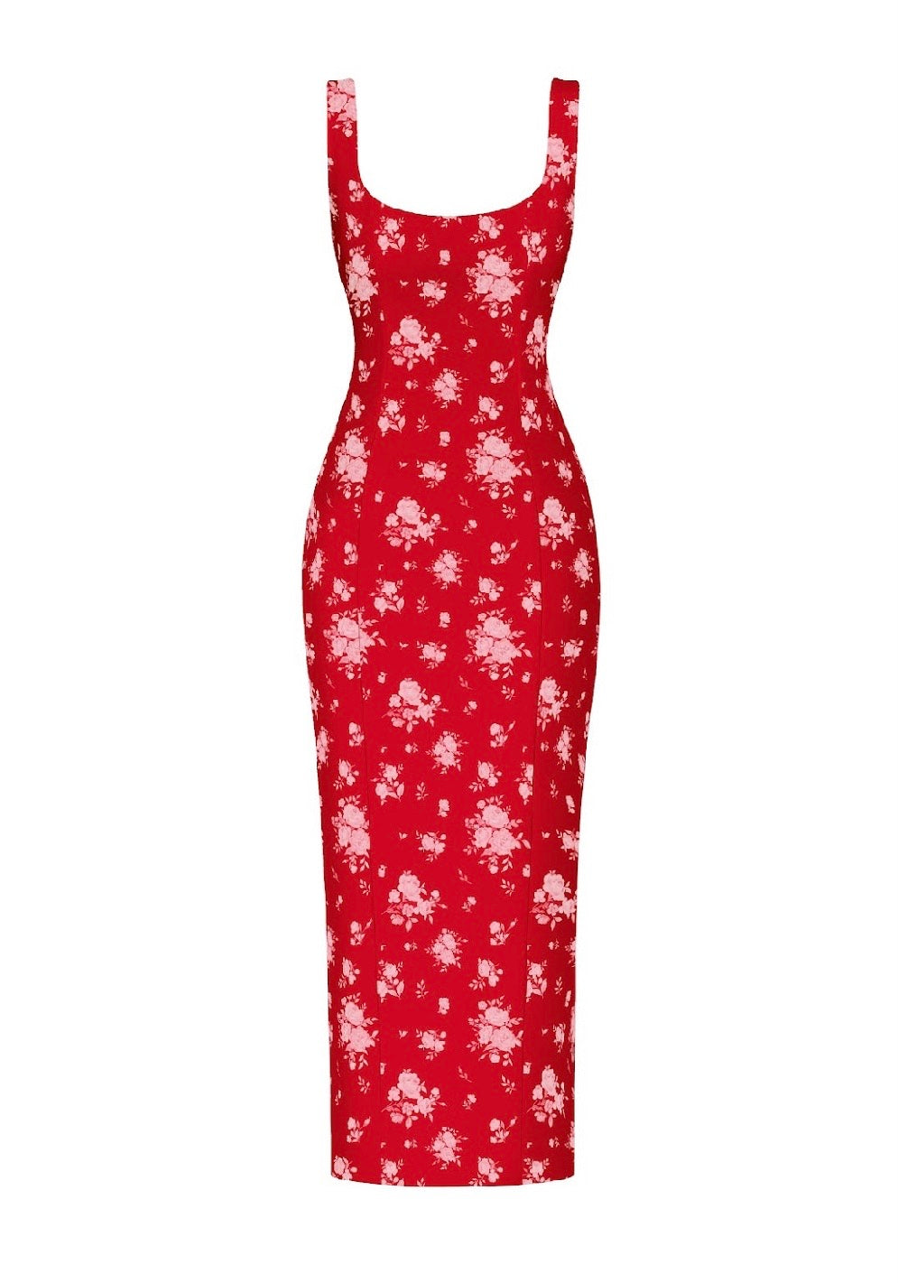 Lee midi, red crepe de chine midi dress with floral print