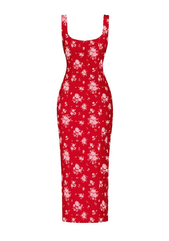 Lee midi, red crepe de chine midi dress with floral print