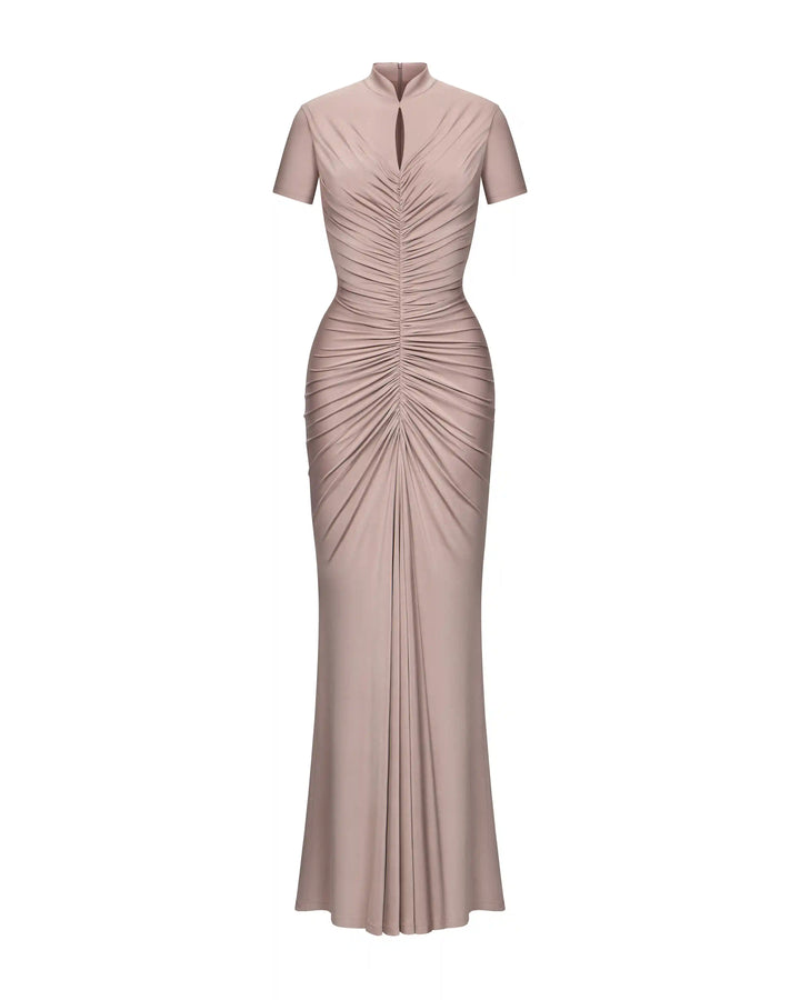 Amanda maxi, maxi dress with short sleeves made of beige biflex