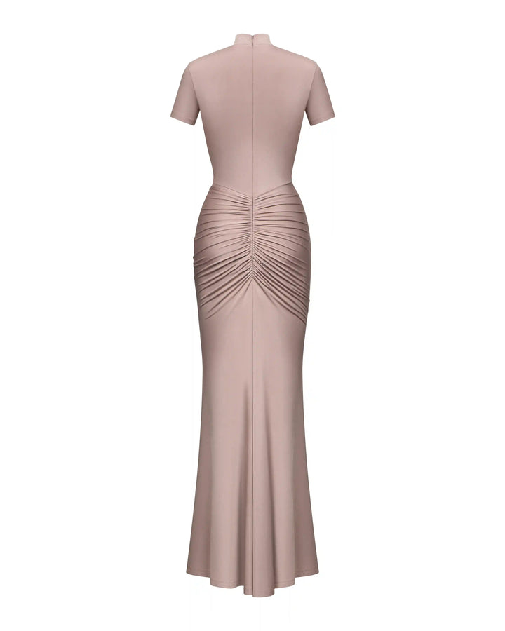 Amanda maxi, maxi dress with short sleeves made of beige biflex