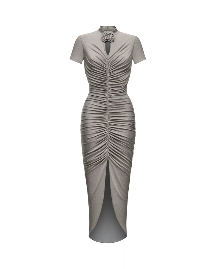 Amanda, midi dress with short sleeves made of gray biflex with rhinestones