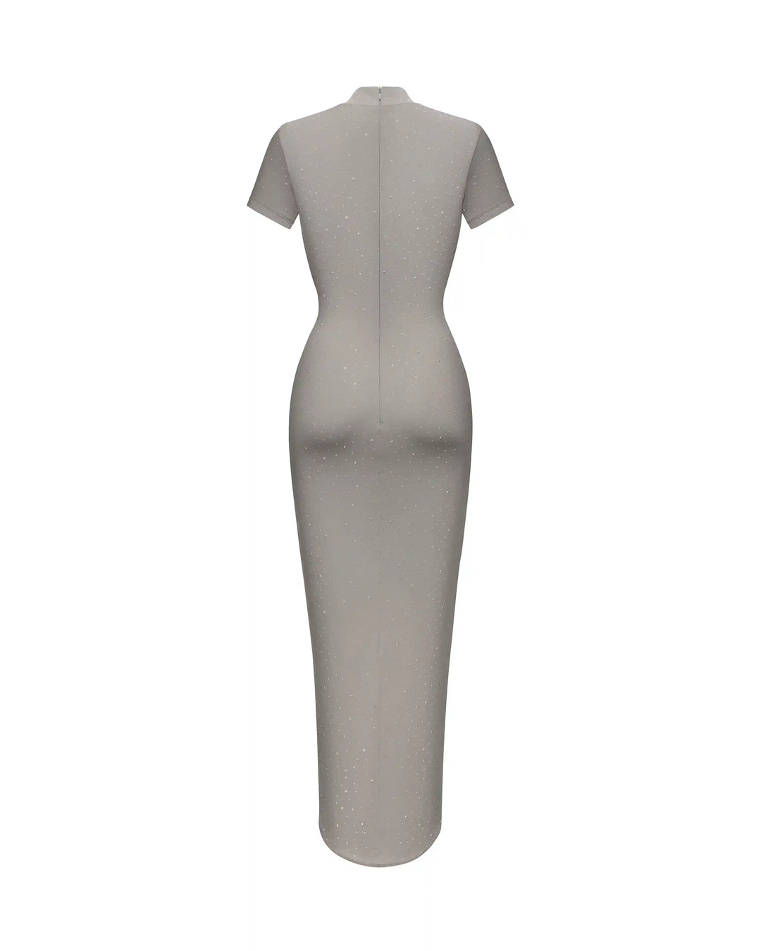 Amanda, midi dress with short sleeves made of gray biflex with rhinestones