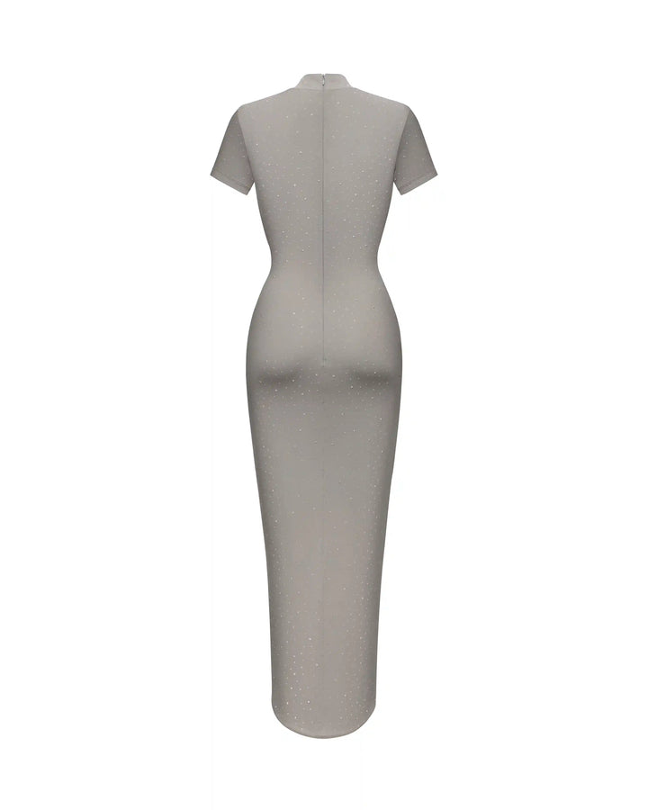 Amanda, midi dress with short sleeves made of gray biflex with rhinestones