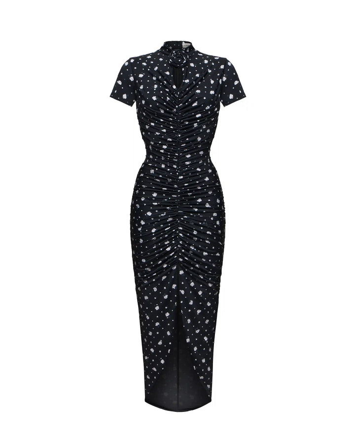 Amanda, midi dress with short sleeves made of black biflex with small floral print