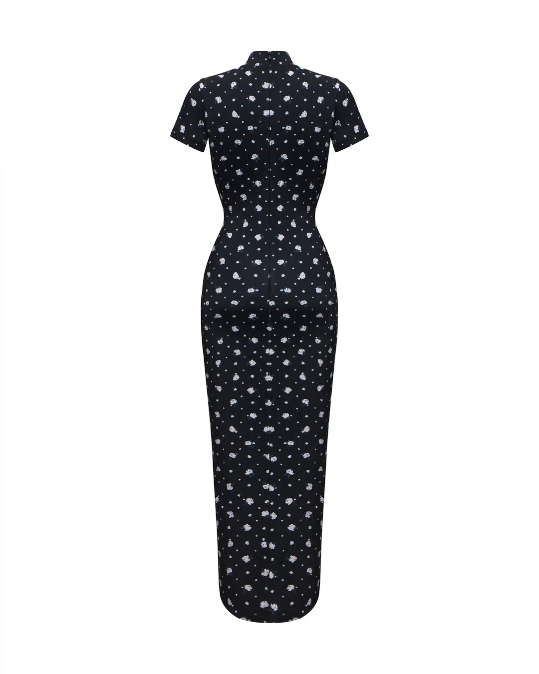 Amanda, midi dress with short sleeves made of black biflex with small floral print