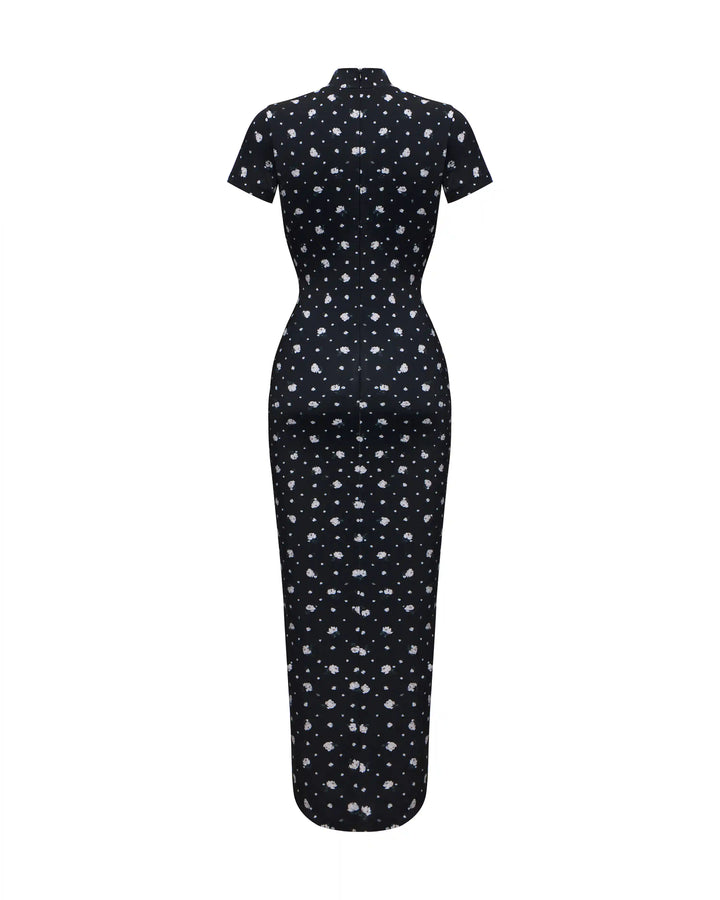 Amanda, midi dress with short sleeves made of black biflex with small floral print