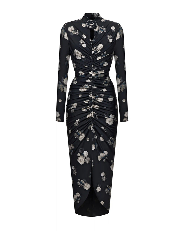 Ami, draped midi dress made of black biflex with floral print