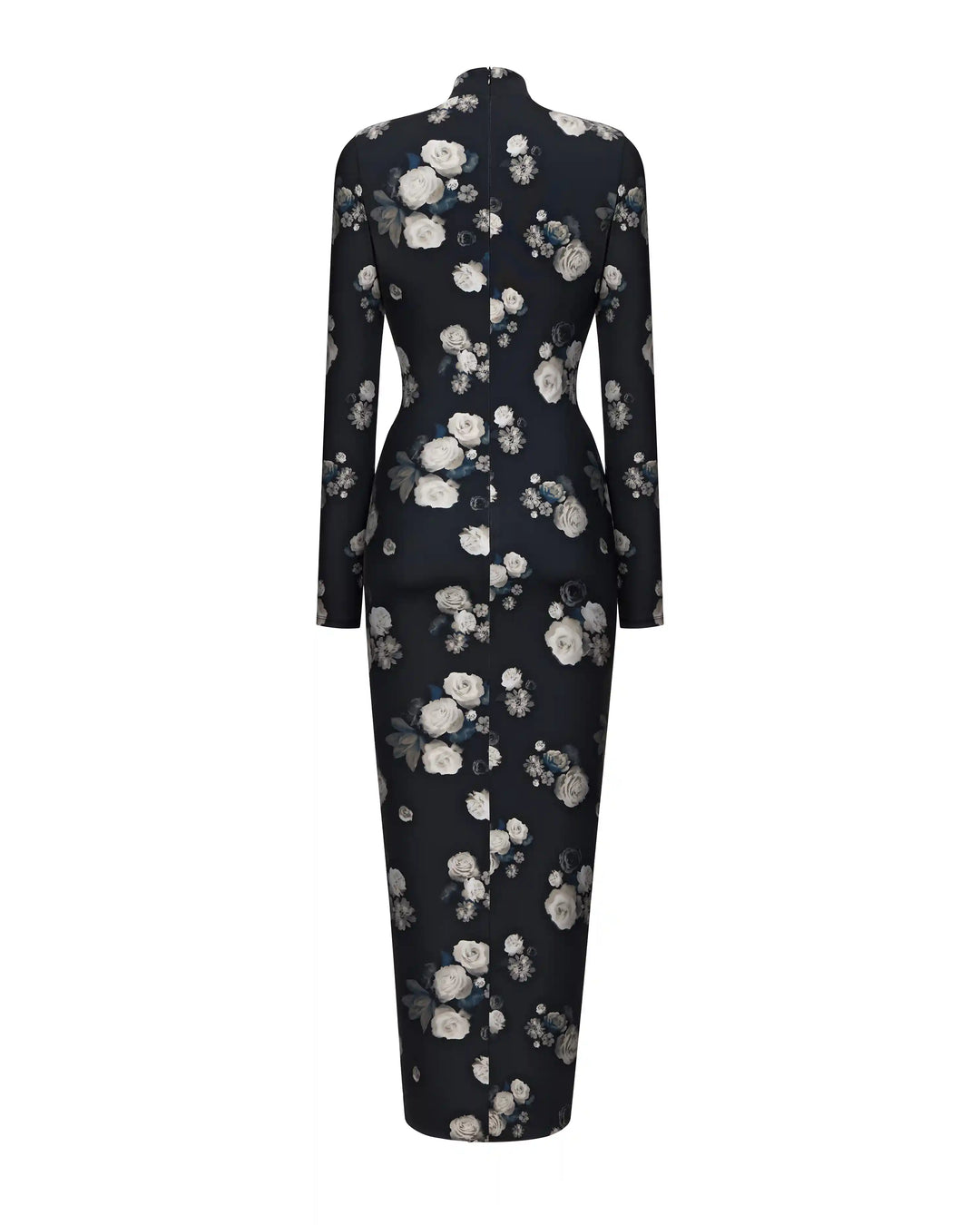 Ami, draped midi dress made of black biflex with floral print