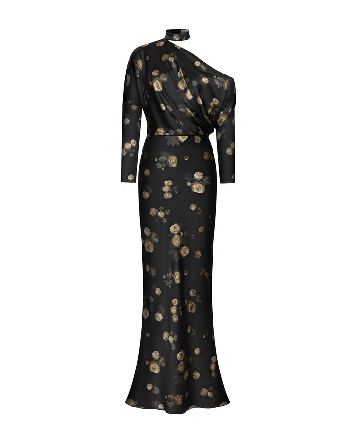 Anika maxi, maxi dress made of black satin with floral print